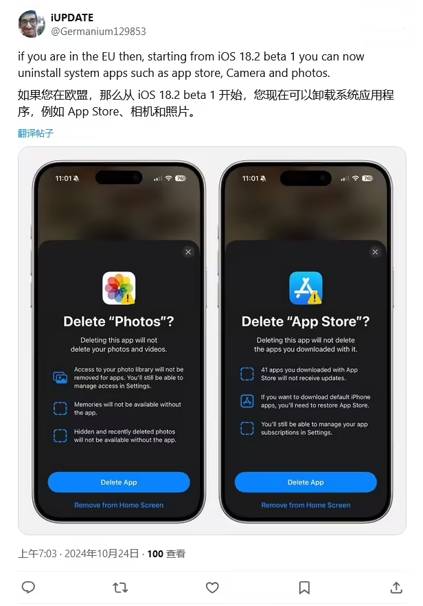 鹿寨苹果手机维修分享iOS 18.2 支持删除 App Store 应用商店 