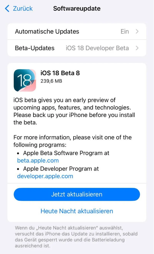 鹿寨苹果手机维修分享苹果 iOS / iPadOS 18 开发者预览版 Beta 8 发布 